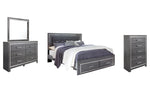 Lodanna King Panel Bed with 2 Storage Drawers with Mirrored Dresser and Chest Gray