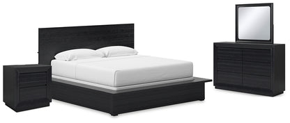 Londer King Panel Bed with Mirrored Dresser and Nightstand