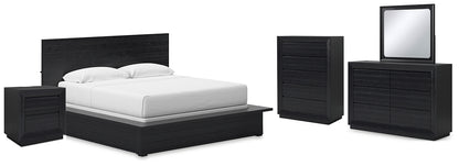 Londer California King Panel Bed with Mirrored Dresser, Chest and Nightstand
