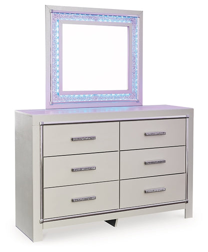 Zyniden Queen Upholstered Panel Headboard with Mirrored Dresser, Chest and Nightstand