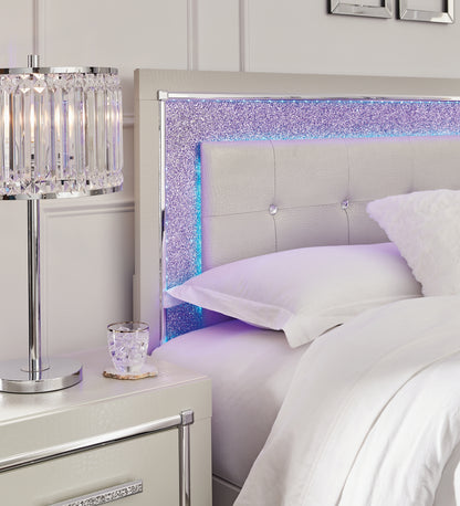 Zyniden Queen Upholstered Panel Headboard with Mirrored Dresser, Chest and Nightstand