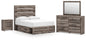 Graystorm Full Panel Bed with Storage with Mirrored Dresser and Nightstand