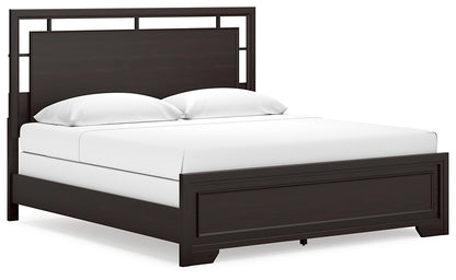 Covetown King Panel Bed with Mirrored Dresser, Chest and Nightstand