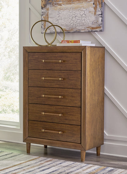 Lyncott Queen Upholstered Bed with Mirrored Dresser and Chest