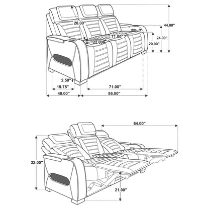 Zuma 3-piece Faux Leather Dual Power LED Sofa Set Black