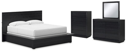 Londer King Panel Bed with Mirrored Dresser and Chest