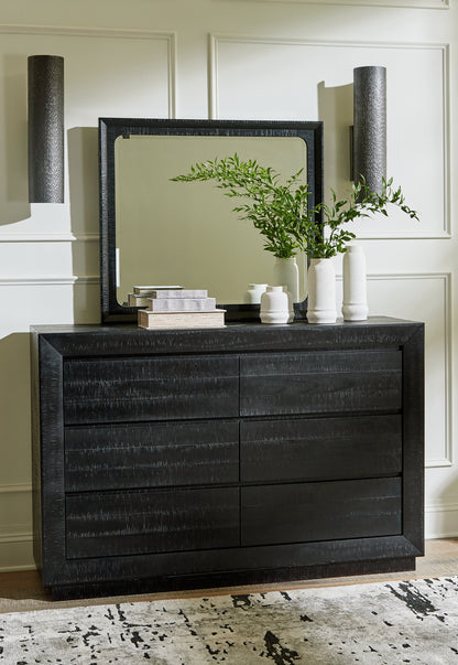 Londer King Panel Bed with Mirrored Dresser and Nightstand