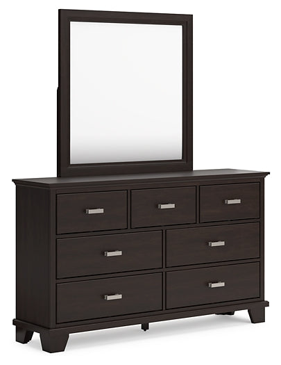 Covetown King Panel Bed with Mirrored Dresser, Chest and Nightstand