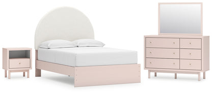 Wistenpine Full Upholstered Panel Bed with Mirrored Dresser and Nightstand