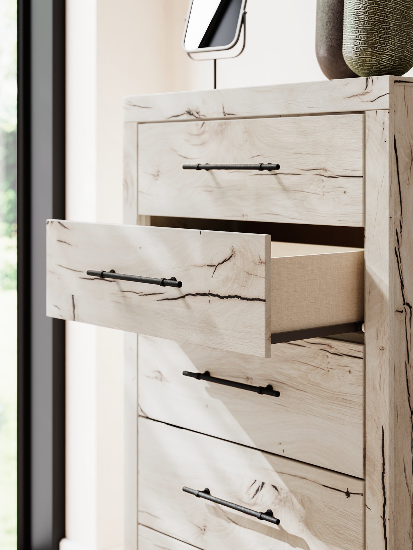 Lawroy Full Panel Storage Bed with Mirrored Dresser and Chest