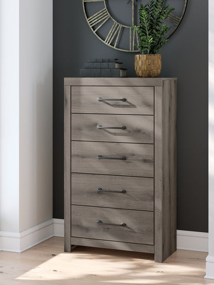 Graystorm Full Panel Bed with Storage with Mirrored Dresser and Chest