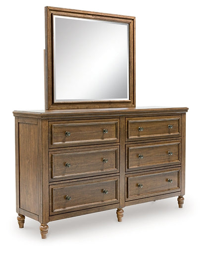 Sturlayne King Upholstered Panel Bed with Mirrored Dresser and Nightstand