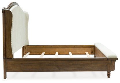 Sturlayne California King Upholstered Panel Bed with Mirrored Dresser