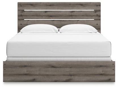 Graystorm King Panel Bed with Mirrored Dresser and Nightstand