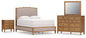 Sharlance Queen Upholstered Panel Bed with Mirrored Dresser and Nightstand
