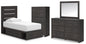 Hollivern Twin Panel Bed with Storage with Mirrored Dresser and Chest