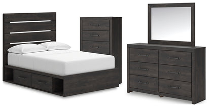 Hollivern Full Panel Bed with Storage with Mirrored Dresser and Chest