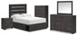 Hollivern Full Panel Bed with Storage with Mirrored Dresser, Chest and Nightstand
