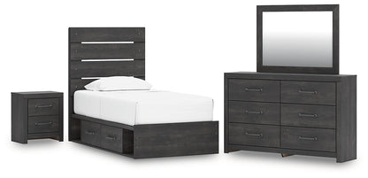 Hollivern Twin Panel Storage Bed with Mirrored Dresser and Nightstand
