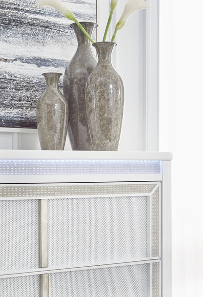 Chalanna King Upholstered Storage Bed with Mirrored Dresser, Chest and Nightstand