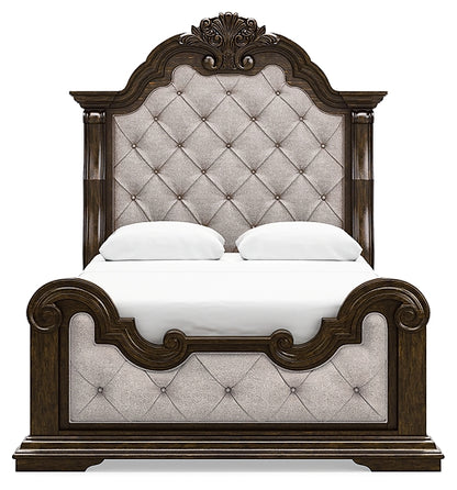 Maylee Queen Upholstered Bed with Mirrored Dresser, Chest and Nightstand