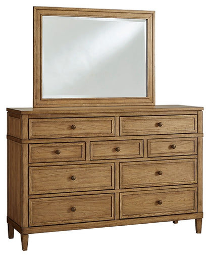 Sharlance King Upholstered Panel Bed with Mirrored Dresser and Chest