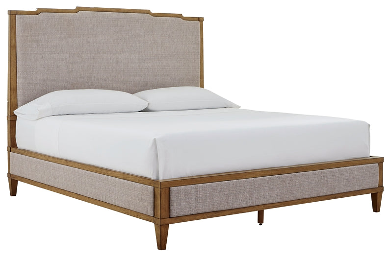 Sharlance King Upholstered Panel Bed with Mirrored Dresser and Chest
