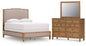 Sharlance Queen Upholstered Panel Bed with Mirrored Dresser