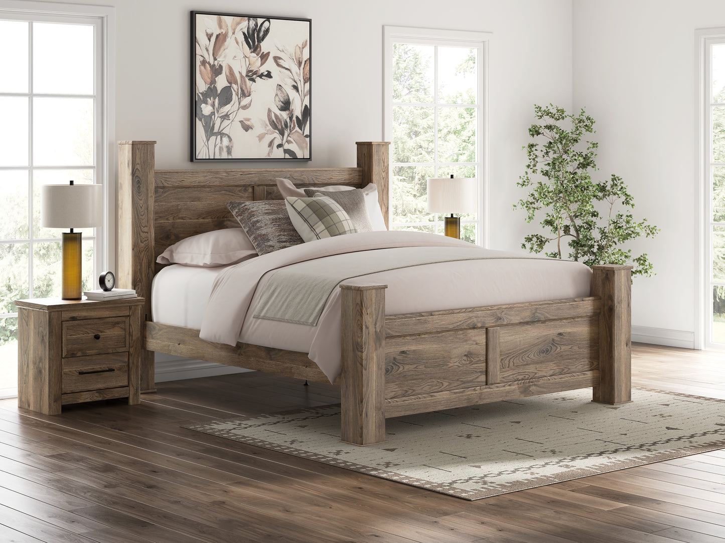 Rusticott California King Poster Bed with Mirrored Dresser